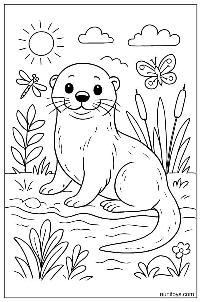 דף צביעה של לוטרה יושבת ליד מים עם צמחים ופרפרים