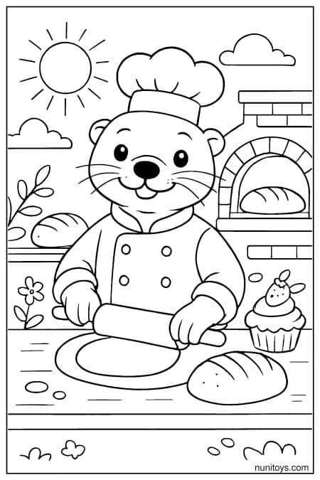 Chef Otter Rolling Dough in a Bakery Scene Coloring Sheet