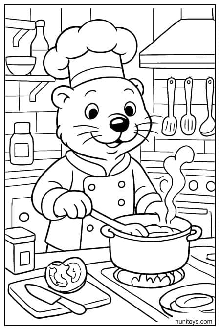 Otter cooks soup in kitchen wearing chef outfit Coloring Page