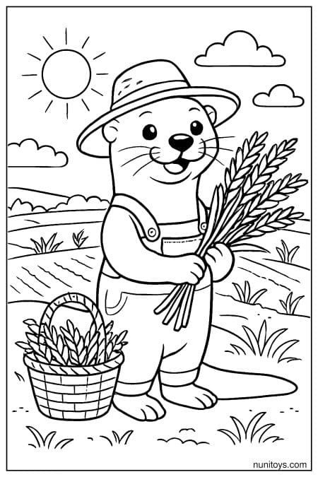 Farmer Otter Holding Wheat in a Field Coloring Page