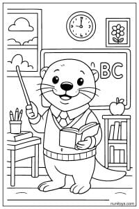 דף צביעה של לוטרה מורה עומדת בכיתה עם ספר ומצביע