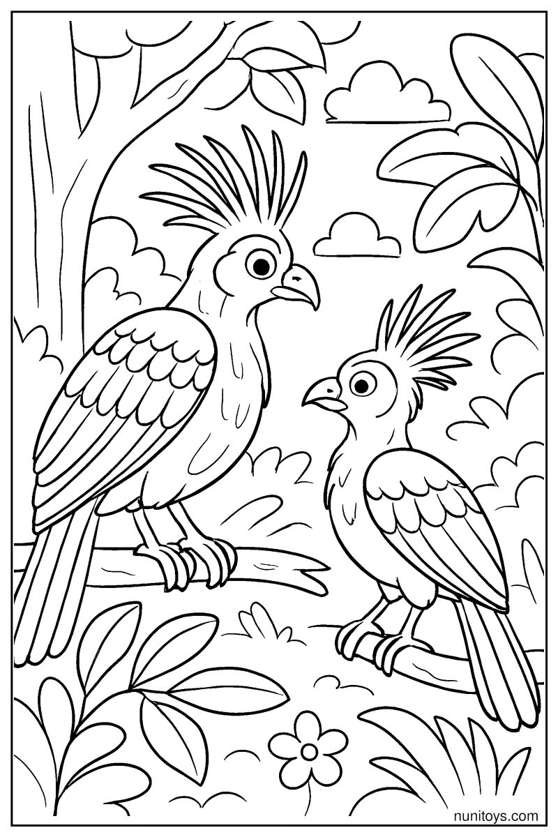 דף צביעה שתי ציפורי הואצין על ענפים בג'ונגל