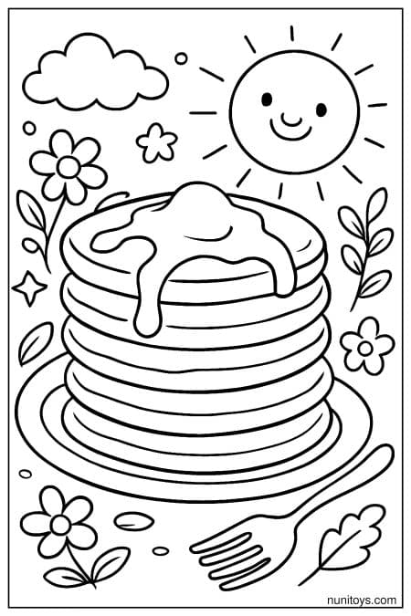 Fluffy Pancakes with Dripping Syrup Under a Happy Sun Coloring Page
