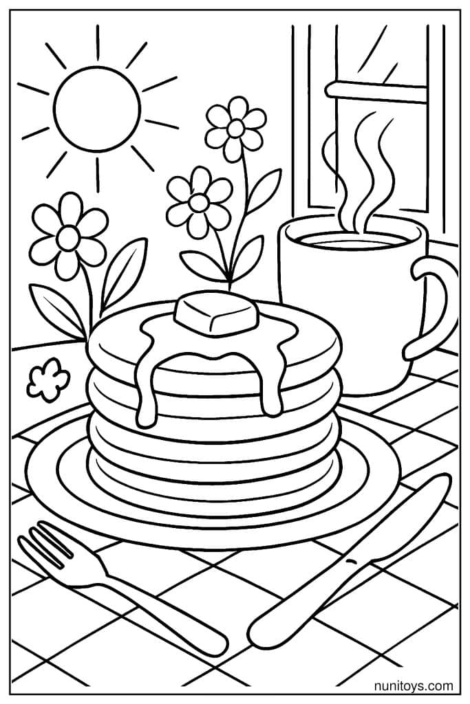 דף צביעה של פנקייקים עם חמאה וסירופ ליד כוס שתייה חמה
