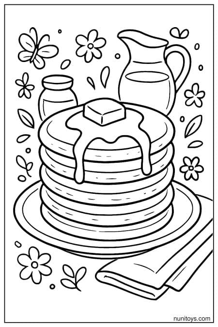 Pancakes with Melting Butter, Syrup, and Flowers