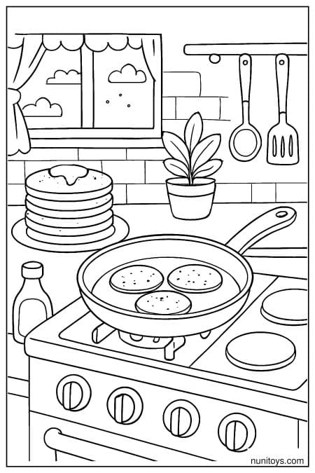 Pancakes Frying in a Pan with a Warm Kitchen