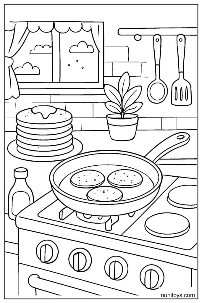 דף צביעה של פנקייקים מטוגנים במחבת על כיריים במטבח