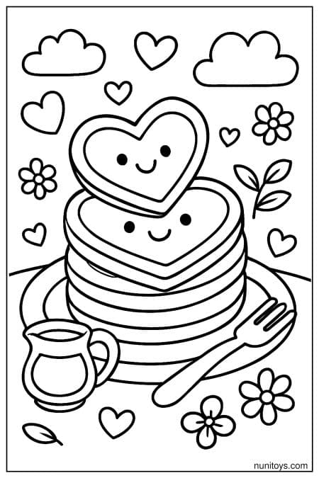 Heart Pancake Stack with Cute Faces and Sweet Syrup Coloring Page