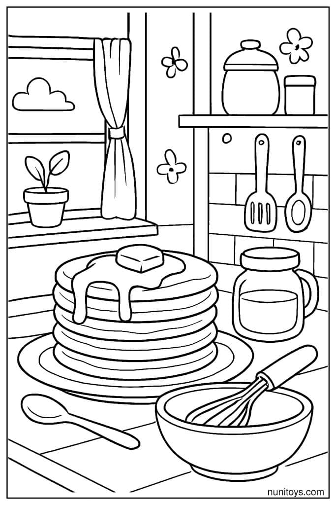 דף צביעה של פנקייקים עם חמאה וסירופ על שולחן במטבח