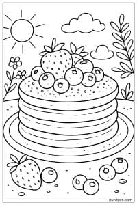 דף צביעה של פנקייקים עם תותים ואוכמניות על צלחת