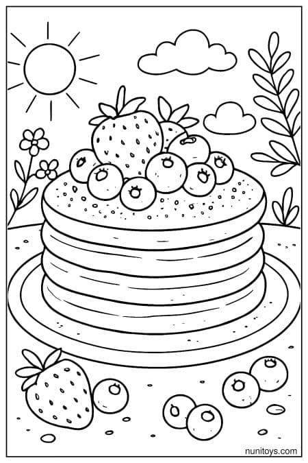 Berry-Topped Pancakes in a Bright Outdoor Scene Coloring Page