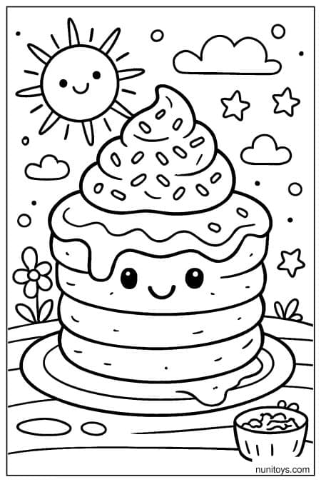 Cute Pancakes with Whipped Cream and Sprinkles Coloring Page
