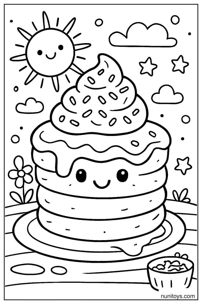 דף צביעה של פנקייק מחייך עם קצפת וסוכריות צבעוניות