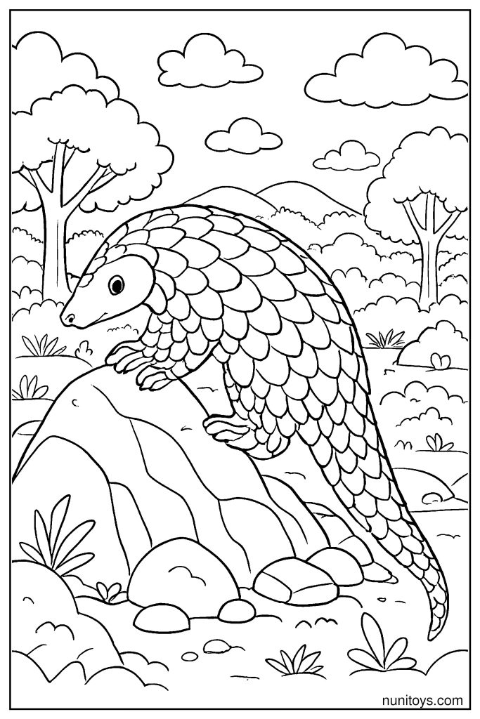 דף צביעה פנגולין עומד על סלע בנוף טבעי עם עצים