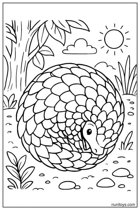 Curled pangolin forms protective ball on forest ground Coloring Sheet