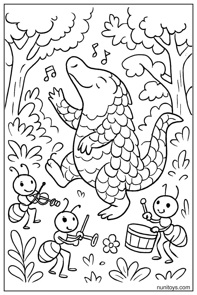 Pangolin Dancing with Ants: Forest Party Coloring Page