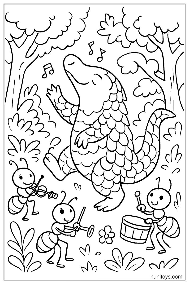 Pangolin Dancing with Ants: Forest Party Coloring Page
