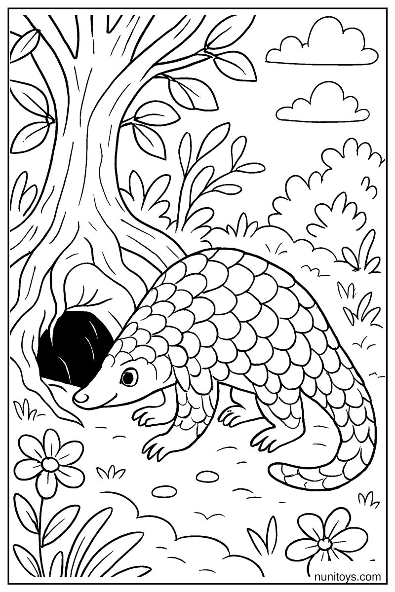 דף צביעה פנגולין ליד חור בעץ בין פרחים וצמחים