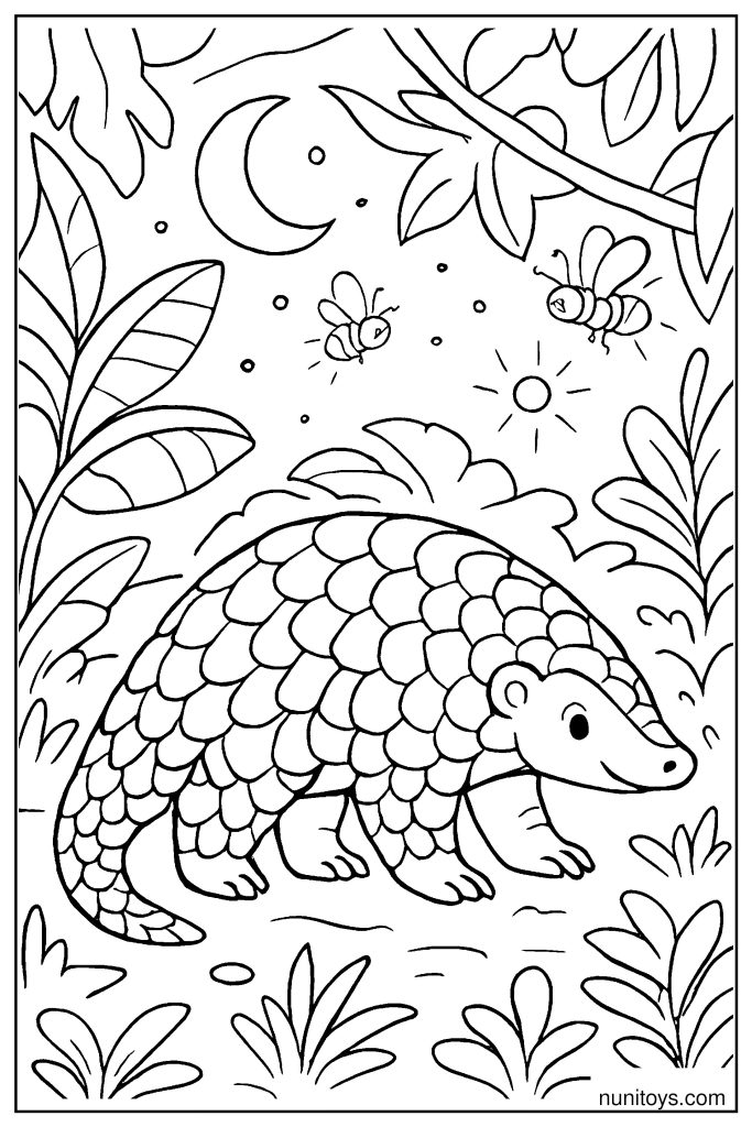 דף צביעה פנגולין הולך ביער בלילה עם ירח ודבורים