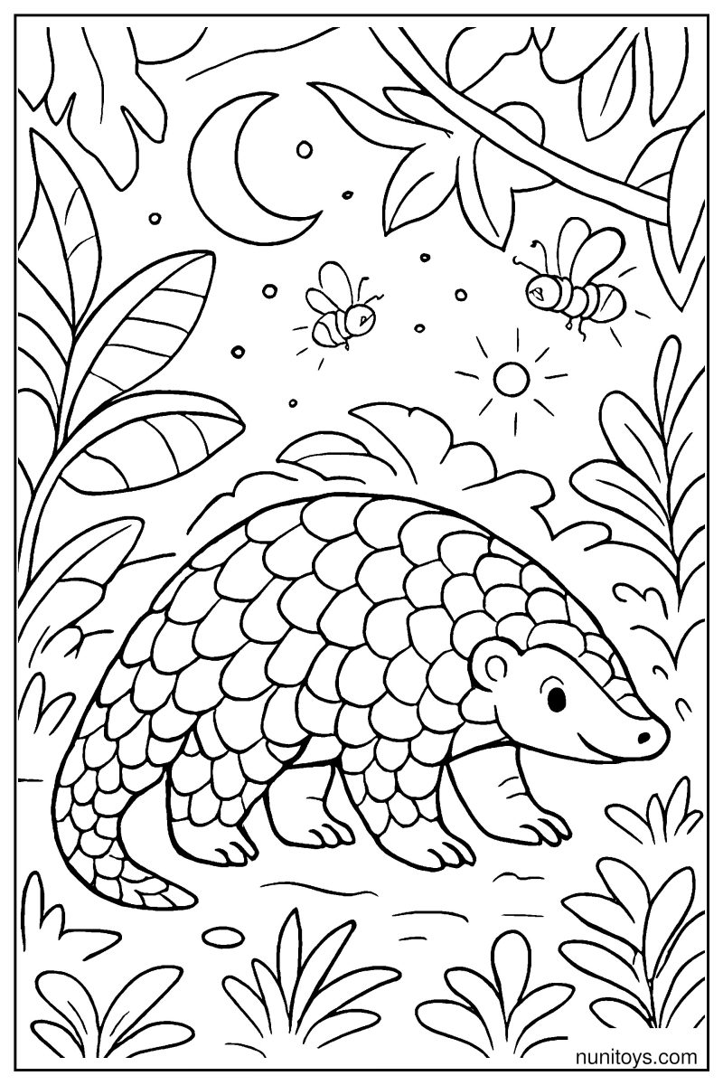 דף צביעה פנגולין הולך ביער בלילה עם ירח ודבורים