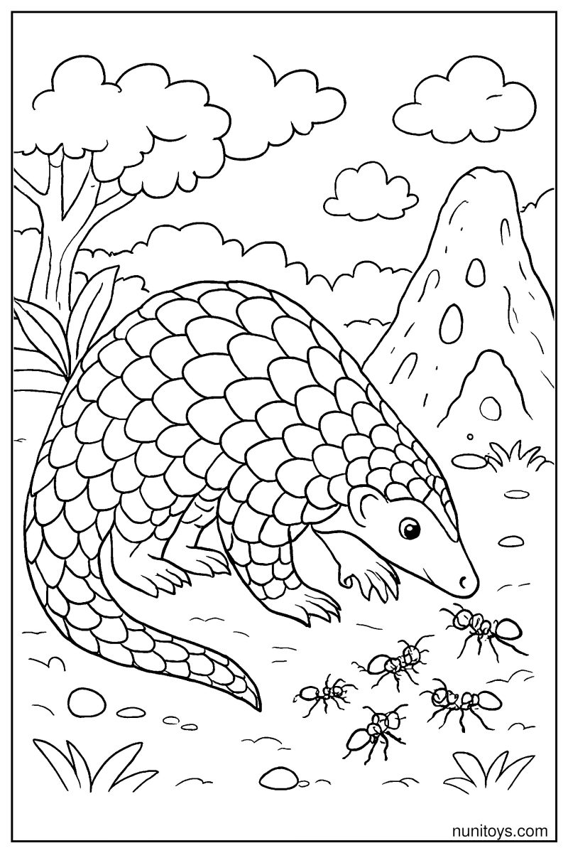 Pangolin Feeding on Ants Near a Termite Mound Coloring Page
