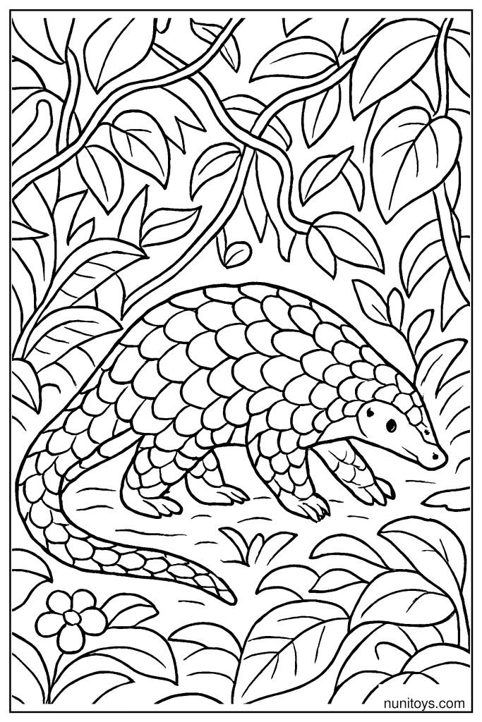 דף צביעה פנגולין הולך בין עלים צפופים בג׳ונגל