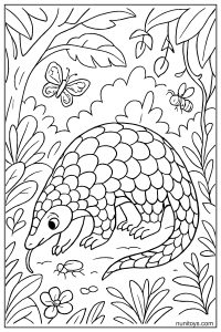 דף צביעה פנגולין מחפש חרקים ביער עם פרפרים ודבורה