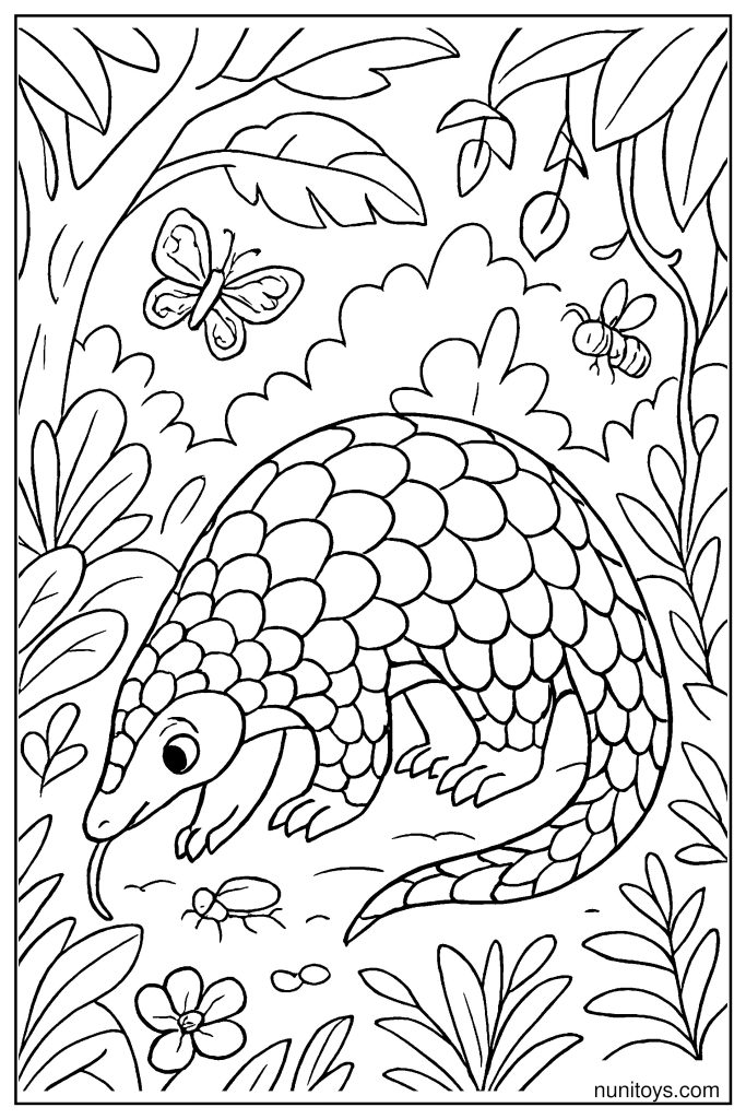 דף צביעה פנגולין מחפש חרקים ביער עם פרפרים ודבורה