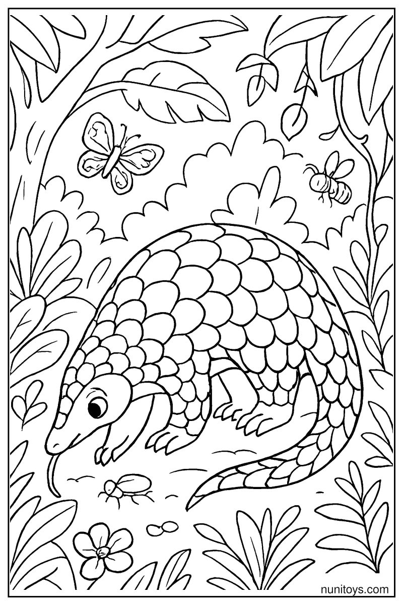 דף צביעה פנגולין מחפש חרקים ביער עם פרפרים ודבורה