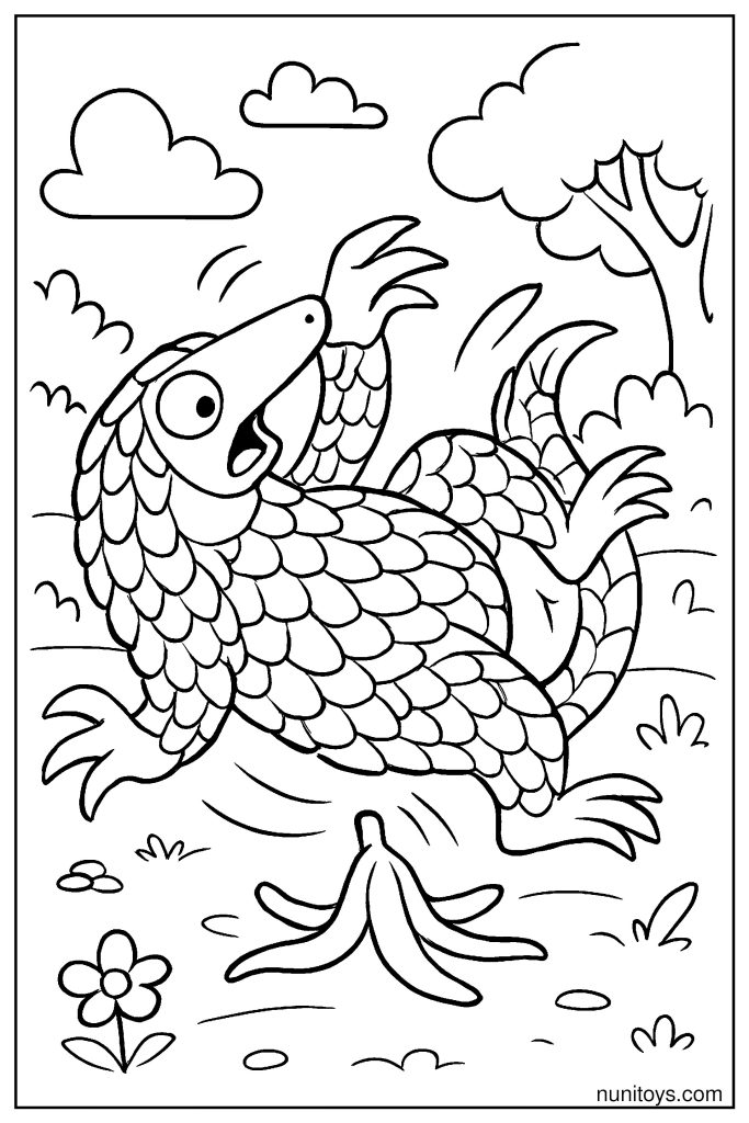 Pangolin Slipping on a Banana Peel: Funny Motion Coloring Page