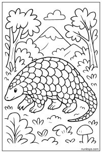 דף צביעה פנגולין מטייל ביער עם הרים ברקע