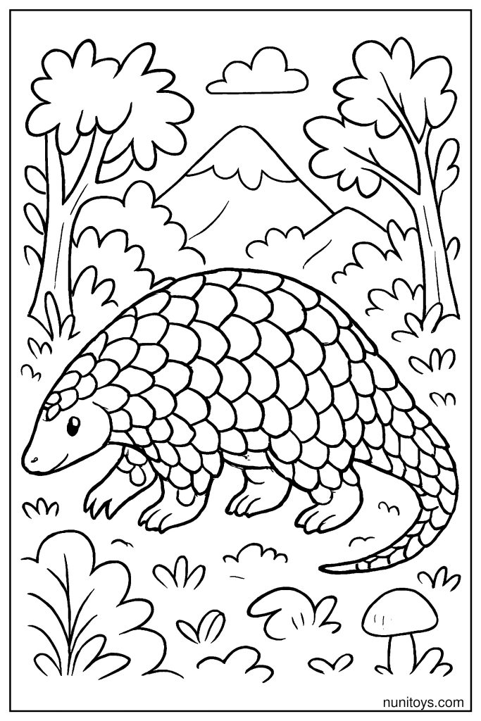 דף צביעה פנגולין מטייל ביער עם הרים ברקע