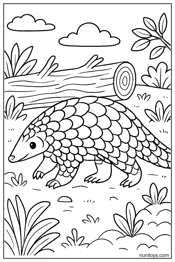 Pangolin Walking Near a Fallen Log Coloring Page