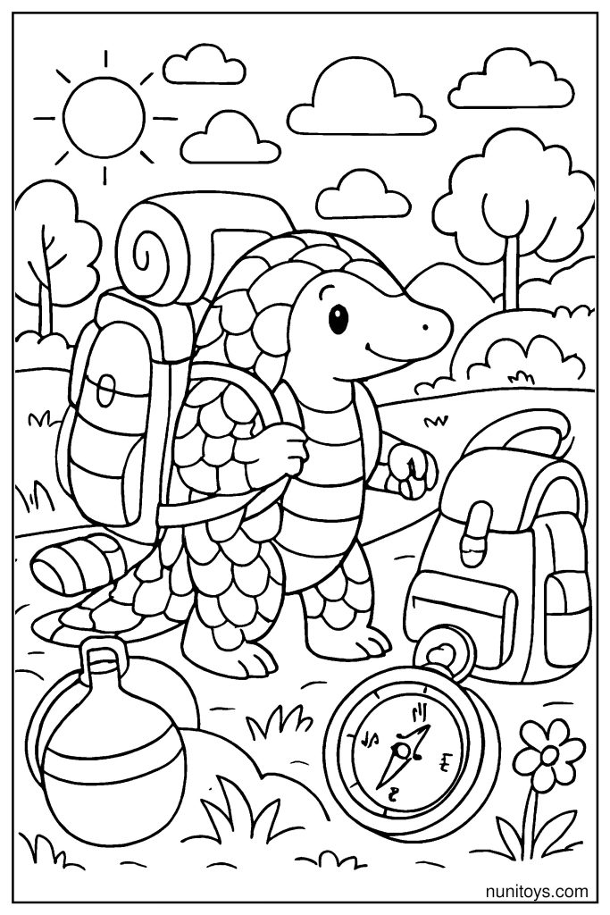 Pangolin with Backpack: Adventure Gear Coloring Page