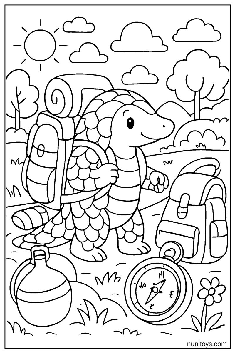 Pangolin with Backpack: Adventure Gear Coloring Page