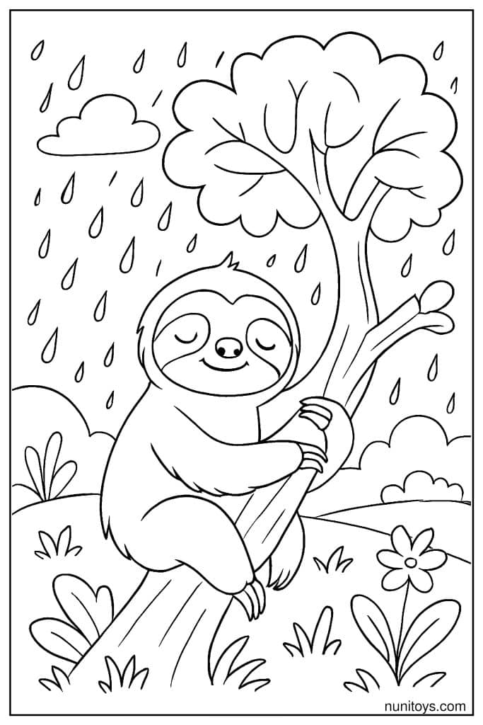 דף צביעה של עצלן מחבק ענף עץ בגשם