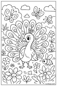 דף צביעה טווס עומד בין פרחים עם פרפרים ודבורה