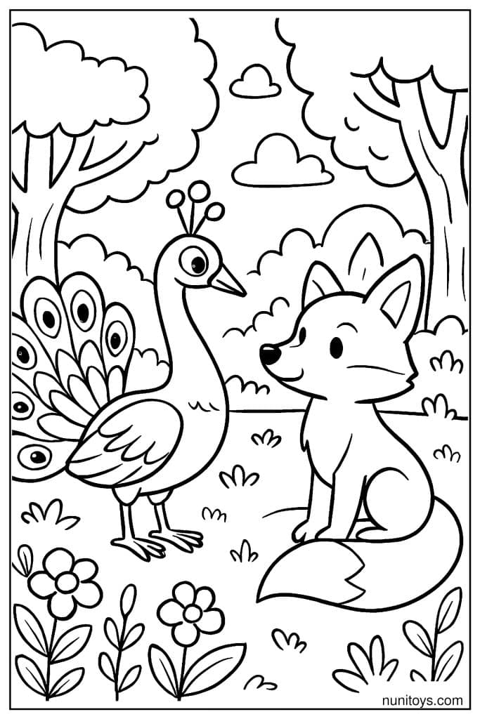 דף צביעה טווס עומד מול שועל קטן ביער