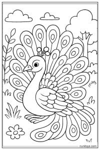 דף צביעה טווס עומד עם זנב פתוח מלא דוגמאות עגולות