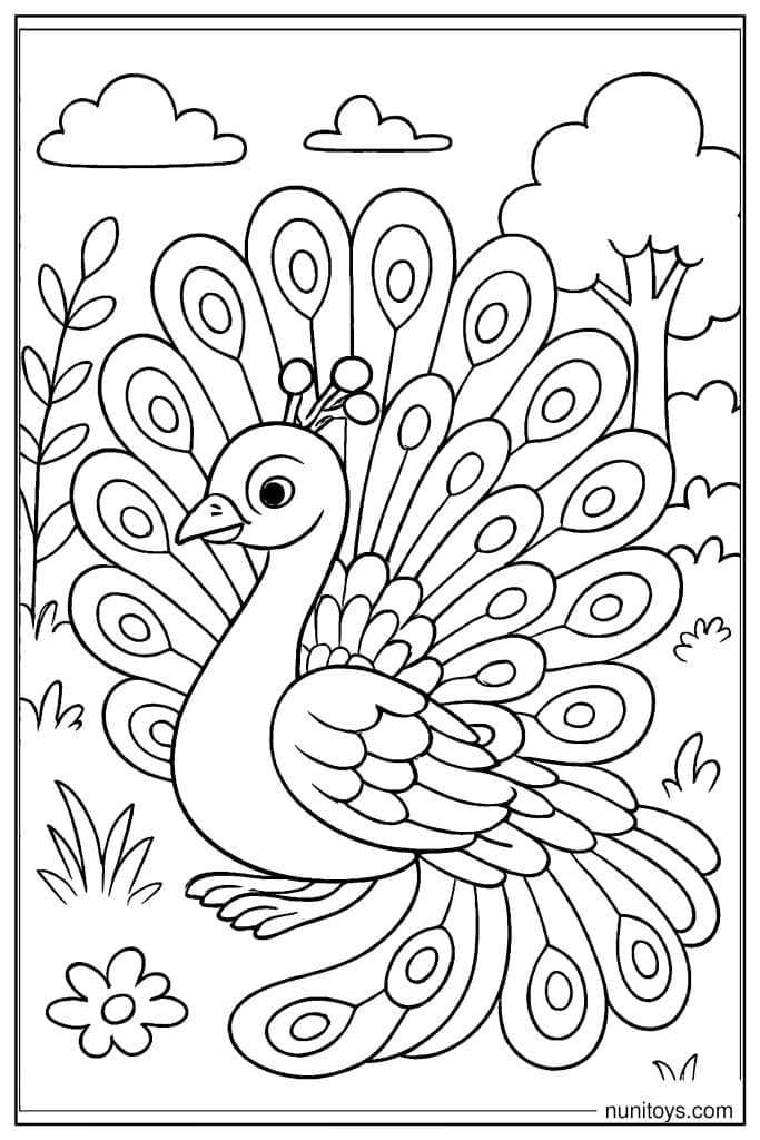 דף צביעה טווס עומד עם זנב פתוח מלא דוגמאות עגולות