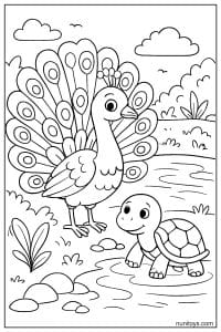 דף צביעה טווס עומד ליד צב קטן במים רדודים