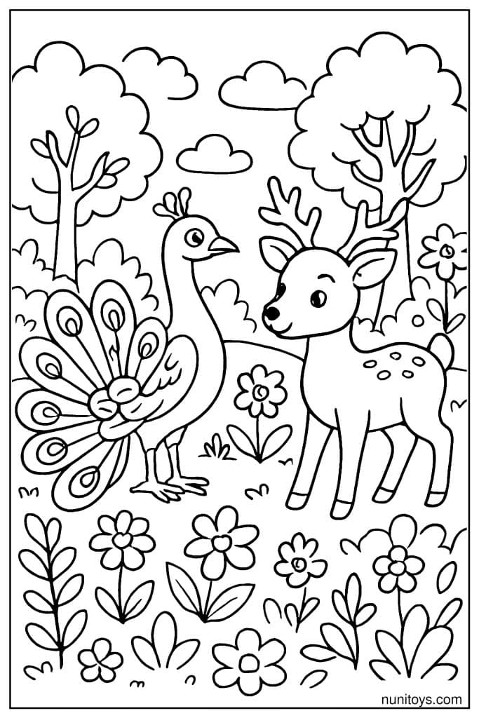 דף צביעה טווס ואייל עומדים יחד בין פרחים בשדה