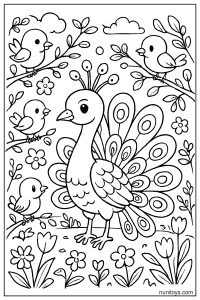 דף צביעה טווס מוקף ציפורים קטנות בין ענפים ופרחים