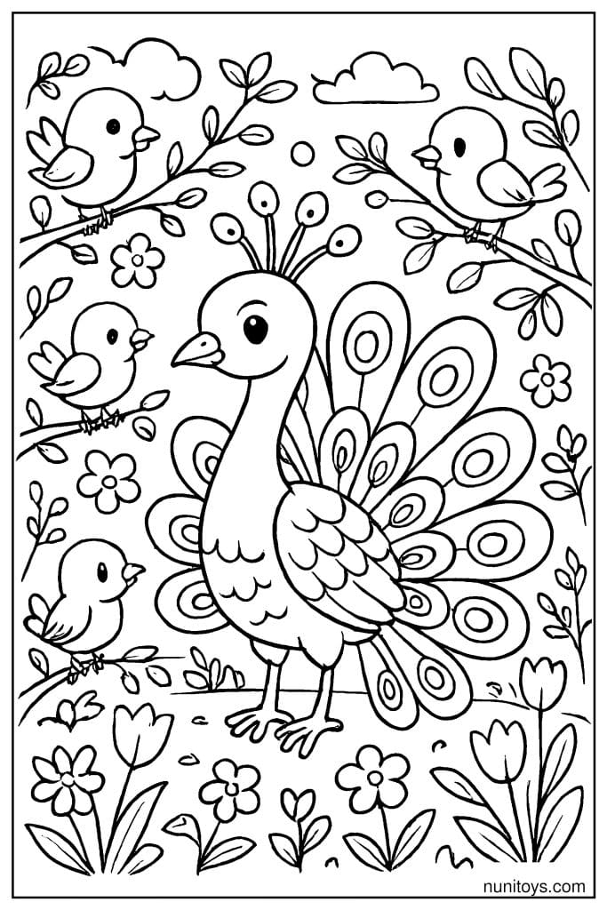 דף צביעה טווס מוקף ציפורים קטנות בין ענפים ופרחים