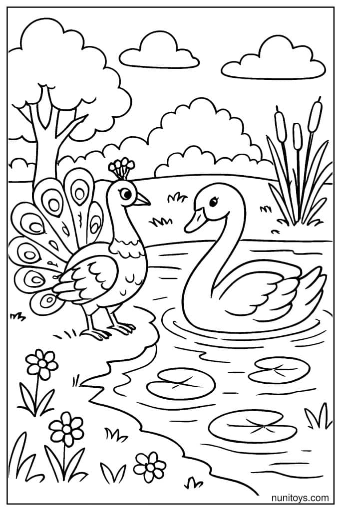 דף צביעה טווס עומד ליד ברבור במים עם עלי נופר