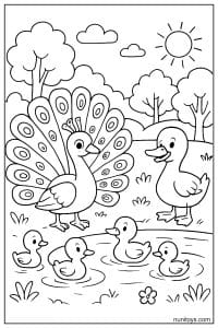 דף צביעה טווס וברווז עם ברווזונים שוחים במים