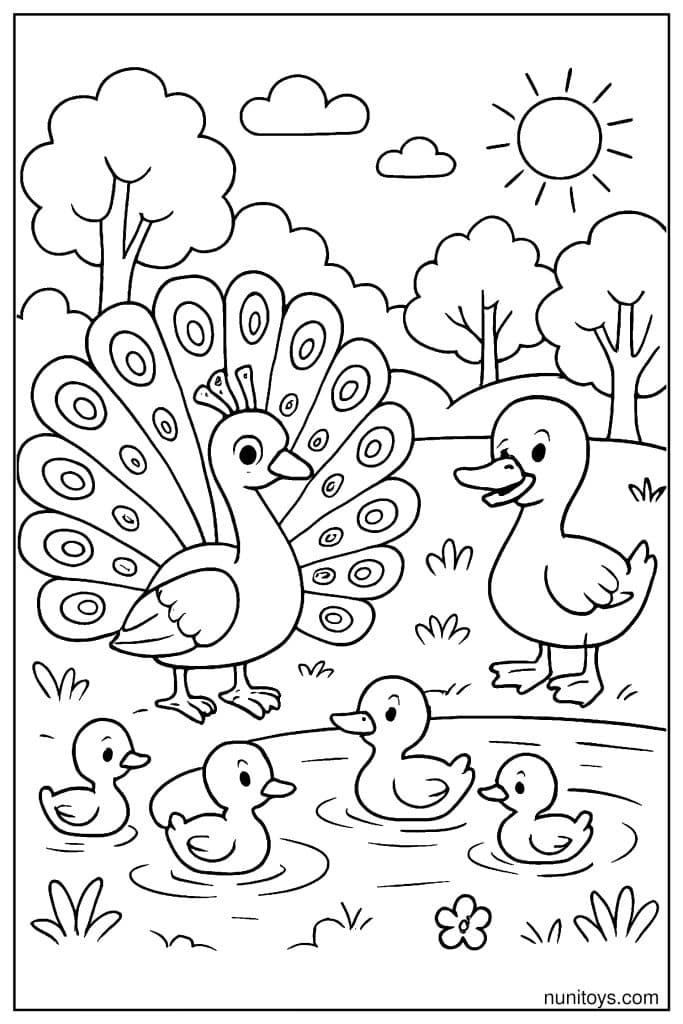 דף צביעה טווס וברווז עם ברווזונים שוחים במים