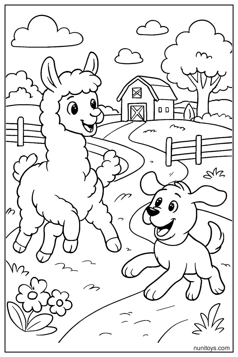 דף צביעה אלפקה משחקת עם כלב בשביל כפרי