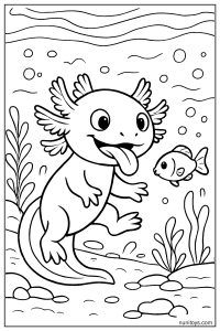 דף צביעה אקסולוטל מצחיק מוציא לשון לדג קטן