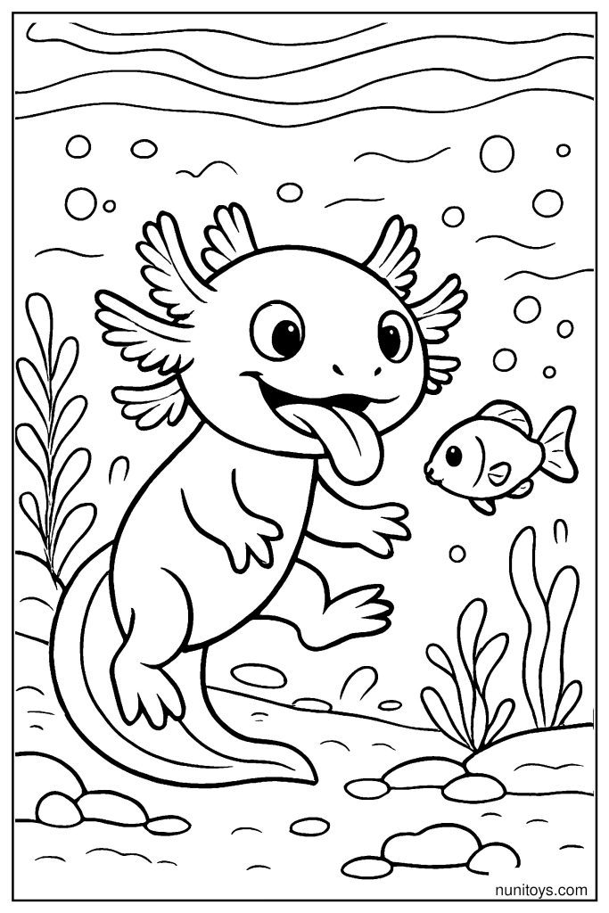 דף צביעה אקסולוטל מצחיק מוציא לשון לדג קטן